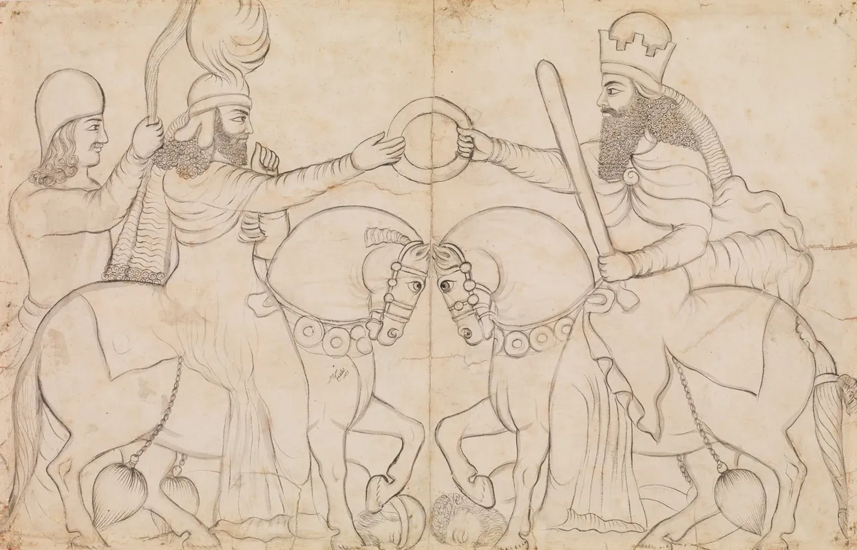 Drawing Of Sasanian Rock Relief Ardashir I R A D 224 241 And The Zoroastrian Divinity Ahura Mazda At Naqsh I Rustam Southern Iran Wall Art by Lutf 'Ali Khan - High-Resolution Digital Print