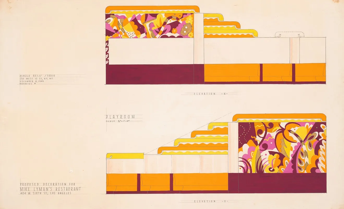 Drawings For Proposed Decorations Of Mike Lymans Restaurant 424 W Sixth St Los Angeles Ca Drawing 8 Playroom Elevation N And O Wall Art by Winold Reiss - High-Resolution Digital Print