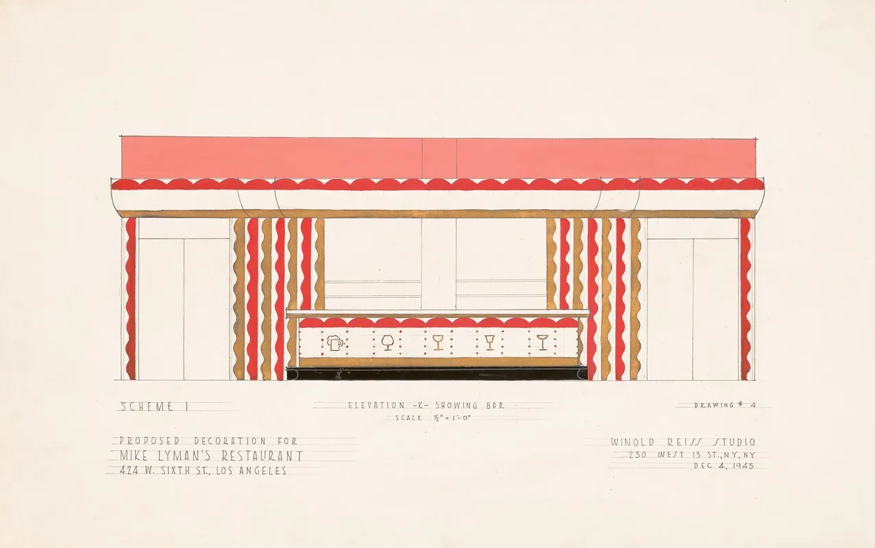 Drawings For Proposed Decorations Of Mike Lymans Restaurant 424 W Sixth St Los Angeles Ca Scheme 1 Elevation K Showing Bar Wall Art by Winold Reiss - High-Resolution Digital Print