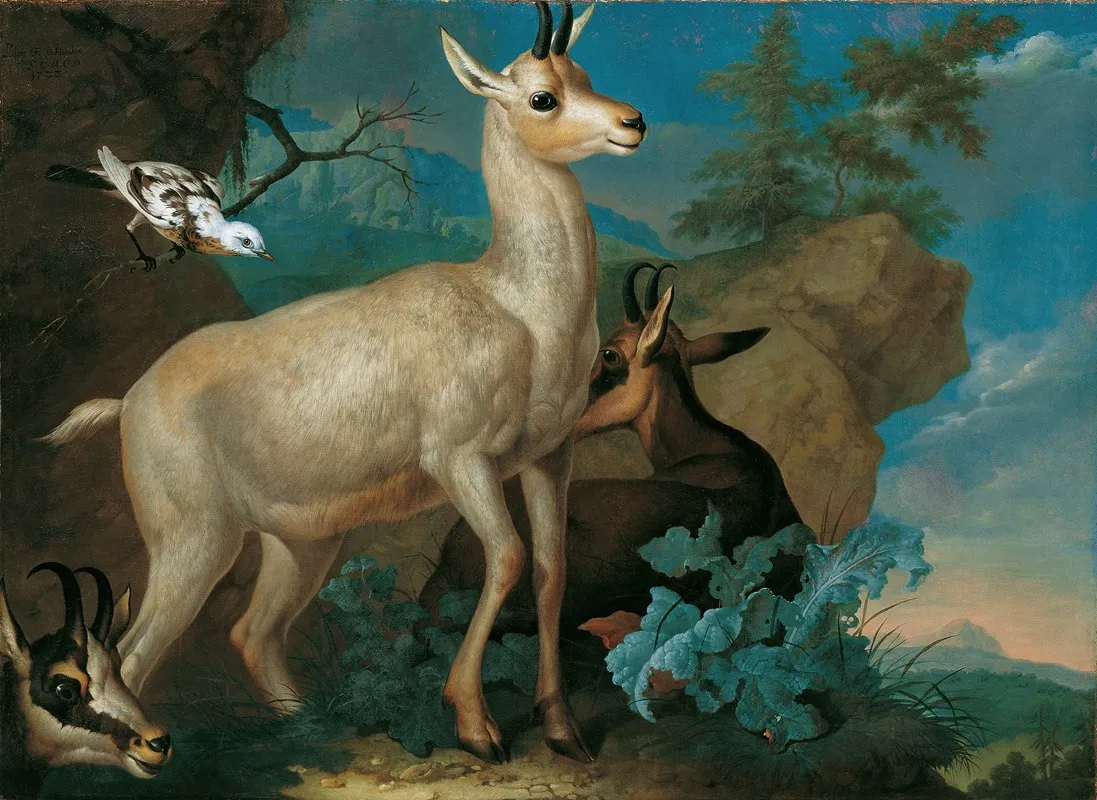 Drei Gemsen Und Eine Amsel Wall Art by Philipp Ferdinand de Hamilton - High-Resolution Digital Print