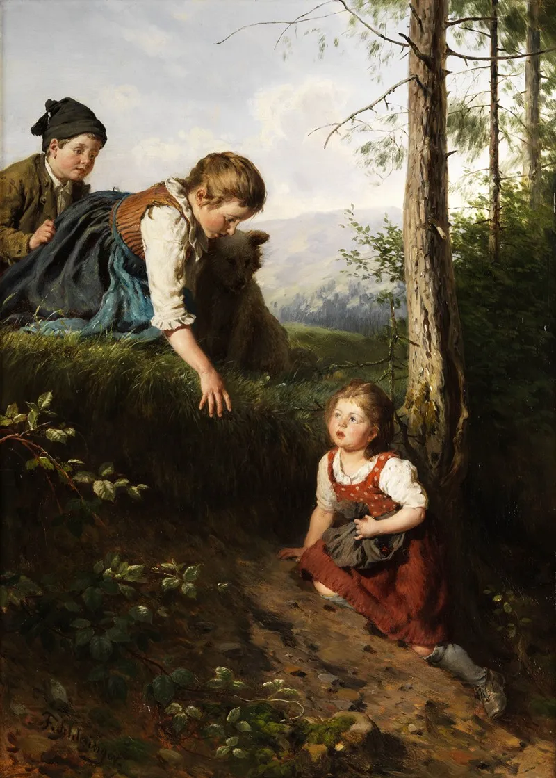 Drei Kinder Im Wald Beim Beerenpflucken Wall Art by Felix Schlesinger - High-Resolution Digital Print