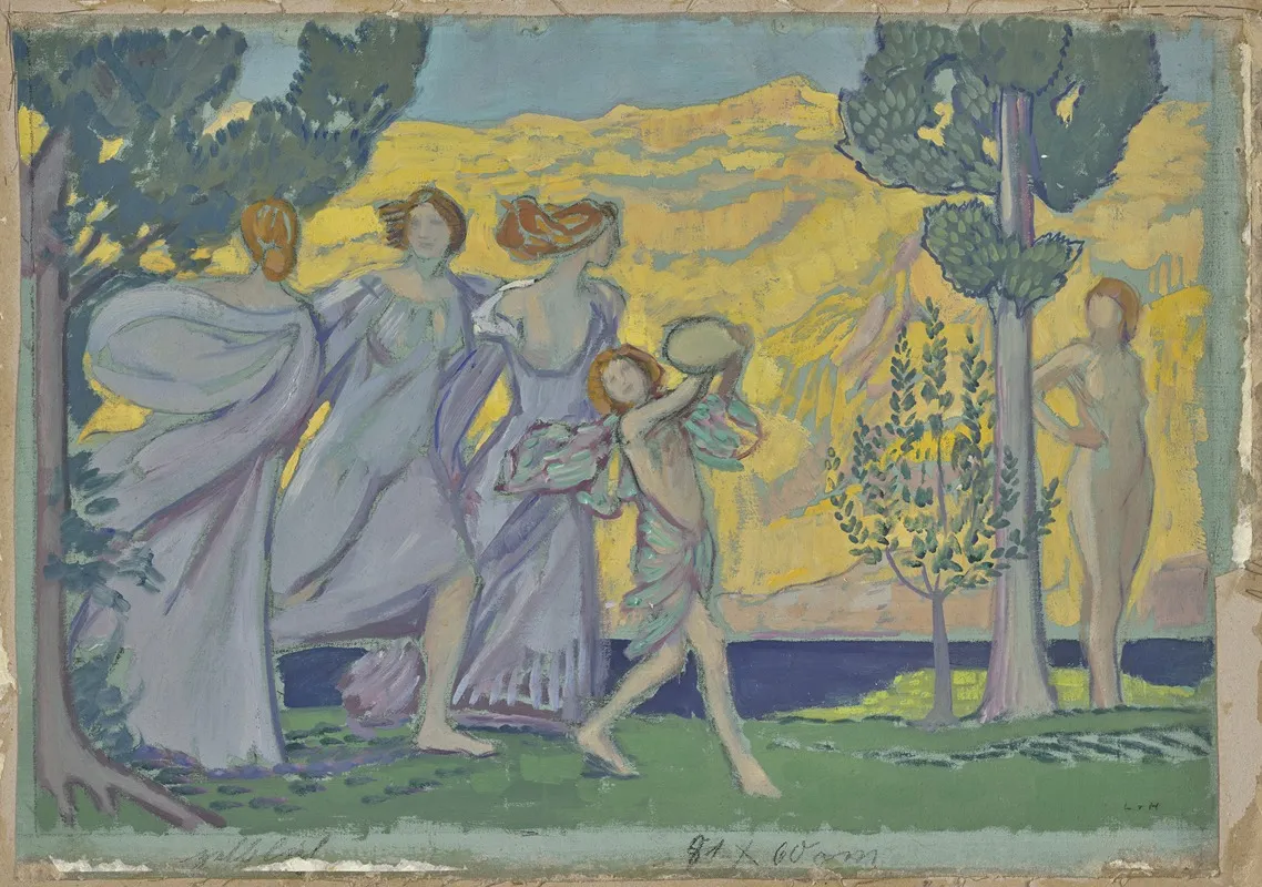 Drei Tanzende Madchen Und Tamburinschlager Wall Art by Ludwig von Hofmann - High-Resolution Digital Print