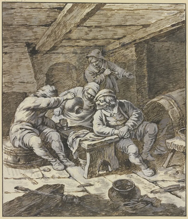 Drei Zechende Bauern Und Eine Baerin An Einer Bank Wall Art by Johann Albrecht Dietzsch - High-Resolution Digital Print