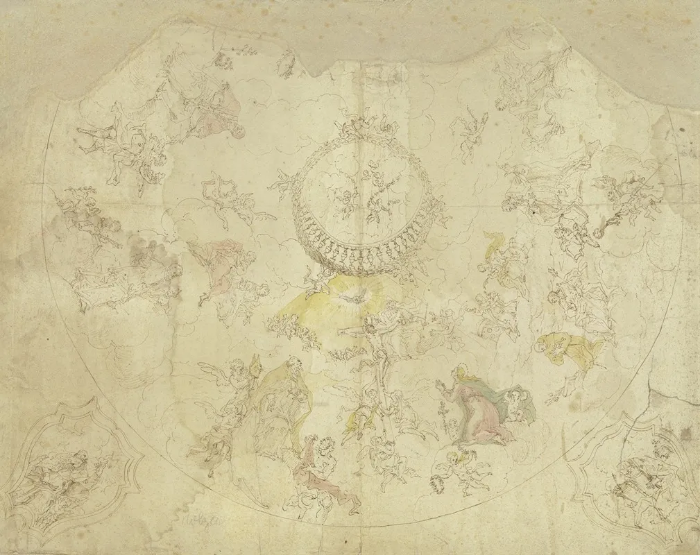 Dreieinigkeit Maria Und Heiligen Auf Wolken Und Szenen Aus Heiligenlegenden In Zwei Eckzwickeln Die Heiligen Ambrosius Und Augustinus Wall Art by Daniel Gran - High-Resolution Digital Print