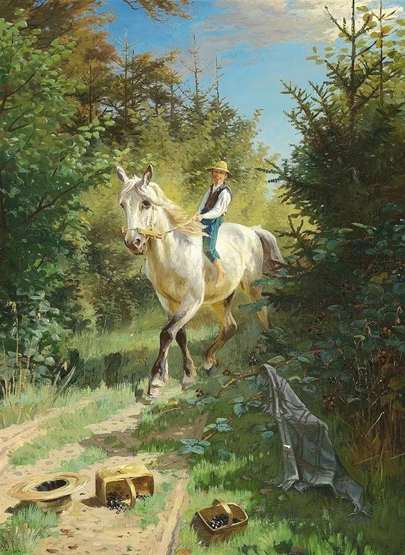 Dreng Pa En Hvid Hest I Skoven Wall Art by Adolf Mackeprang - High-Resolution Digital Print