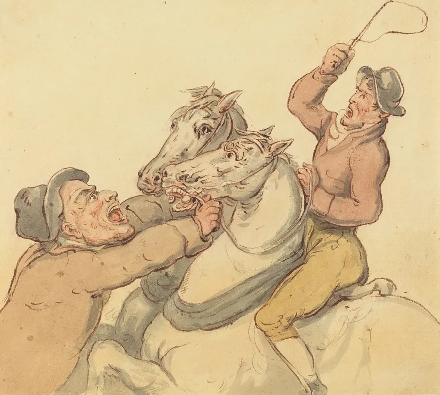 Drovers With A Pair Of Rearing Horses Wall Art by Thomas Rowlandson - High-Resolution Digital Print