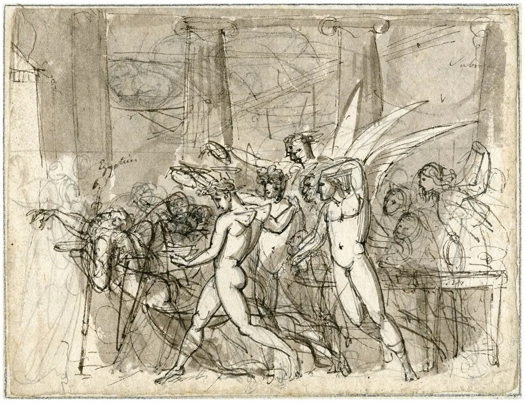 Drukke Scene Met Naakte En Gevleugelde Figuren