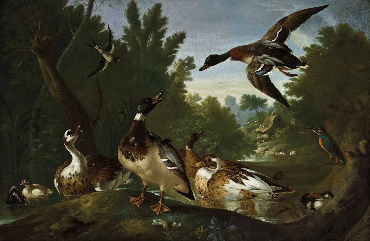 Ducks A Goldfinch A Kingfisher And Swans Along A River Wall Art by Pieter Casteels III - High-Resolution Digital Print