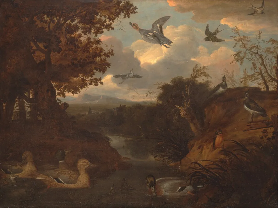 Ducks And Other Birds About A Stream In An Italianate Landscape