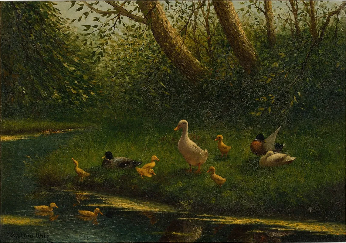 Ducks By The Pond Wall Art by Constant David Ludovic Artz - High-Resolution Digital Print