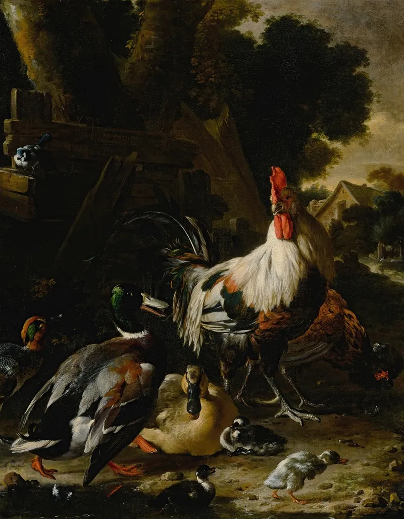 Ducks Hens And Other Fowl In A Yard Wall Art by Melchior d'Hondecoeter - High-Resolution Digital Print
