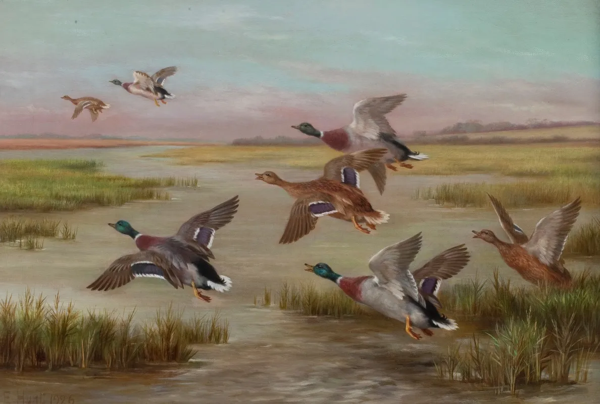 Ducks In Flight 2 Wall Art by Edgar Hunt - High-Resolution Digital Print