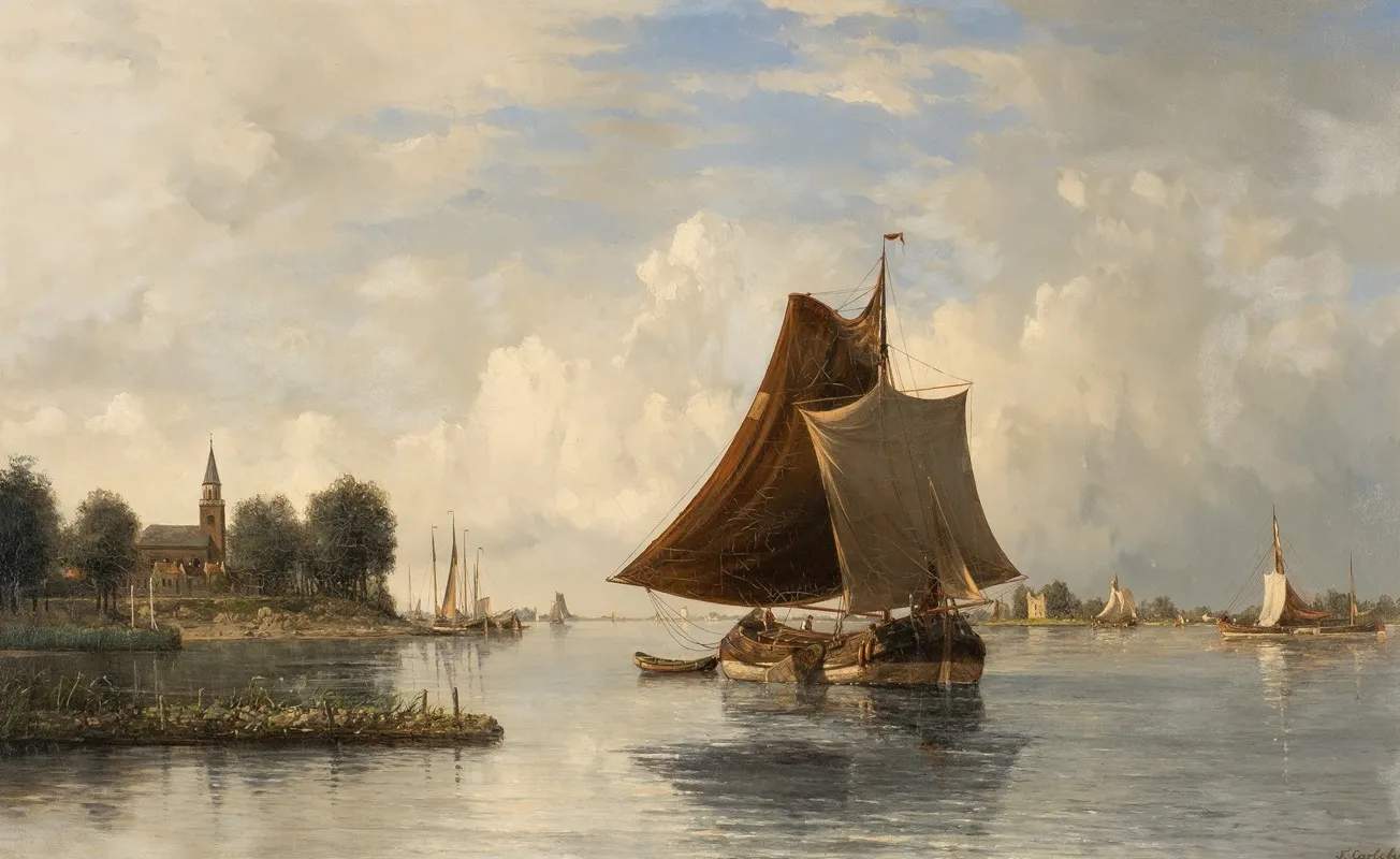 Dutch River Landscape With Sailing Boats
