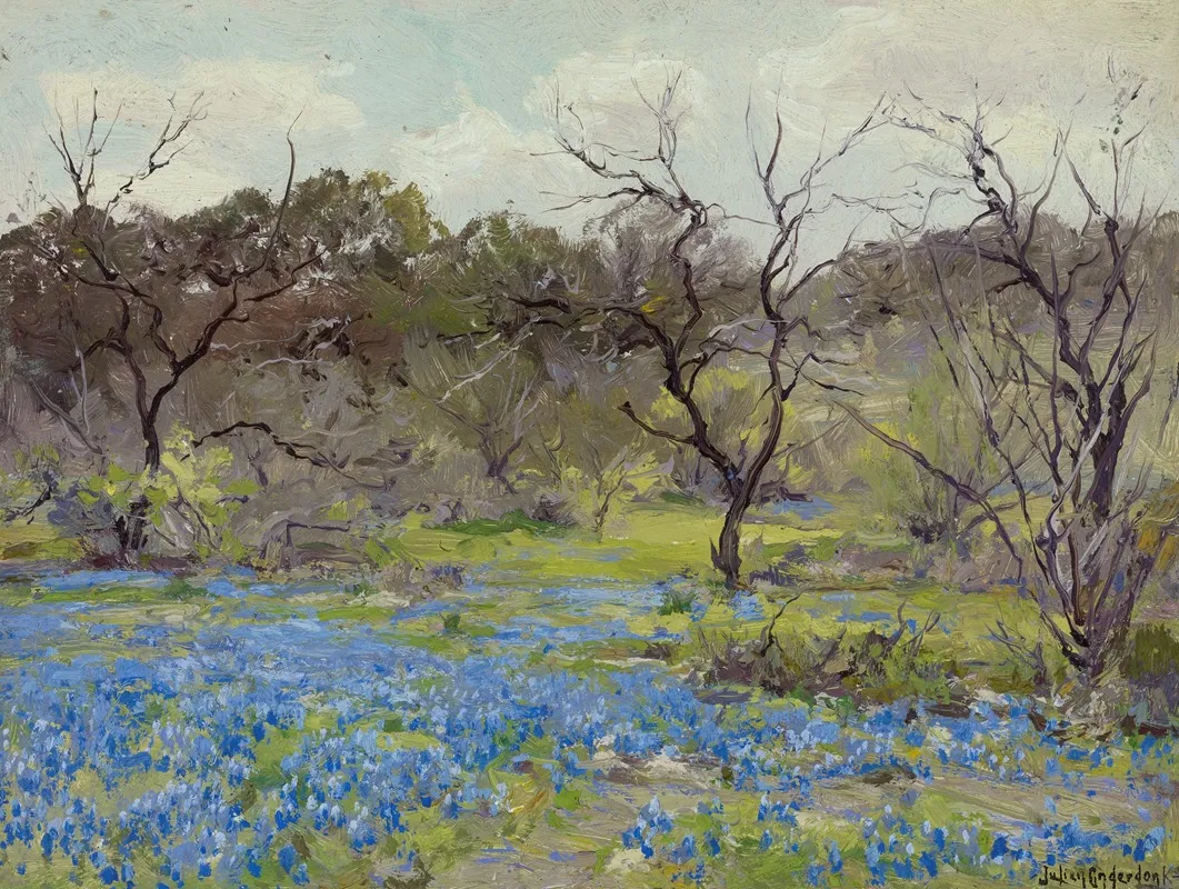 Early Spring Bluebonnets And Mesquite