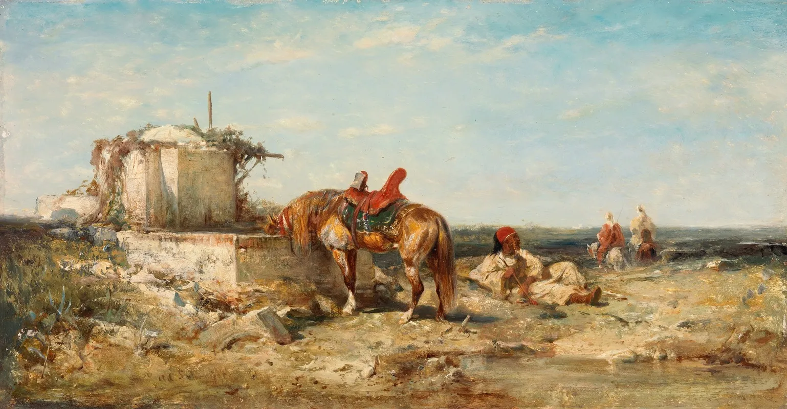 Eastern Soldiers With A Horse Drinking Wall Art by Adolf Schreyer - High-Resolution Digital Print