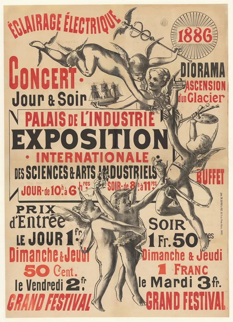 Eclairage Electrique 1886 Concert Jour Et Soir Diorama Ascension Dun Glacier Wall Art by Lith. Th. Dupuy - High-Resolution Digital Print