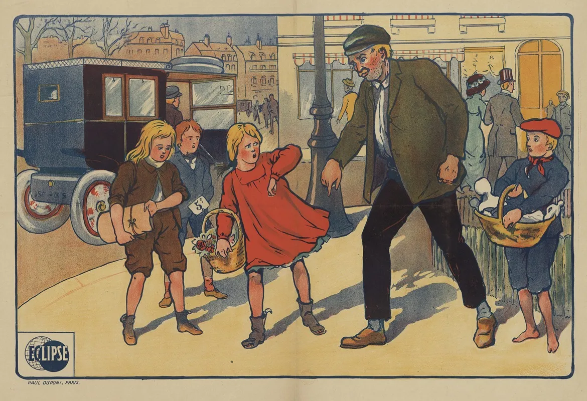 Eclipse Scene De Rue Un Vagabond Avec Des Enfants Une Petite Fille En Robe Rouge Vendeuse De Fleurs Wall Art by Imp. Paul Dupont - High-Resolution Digital Print