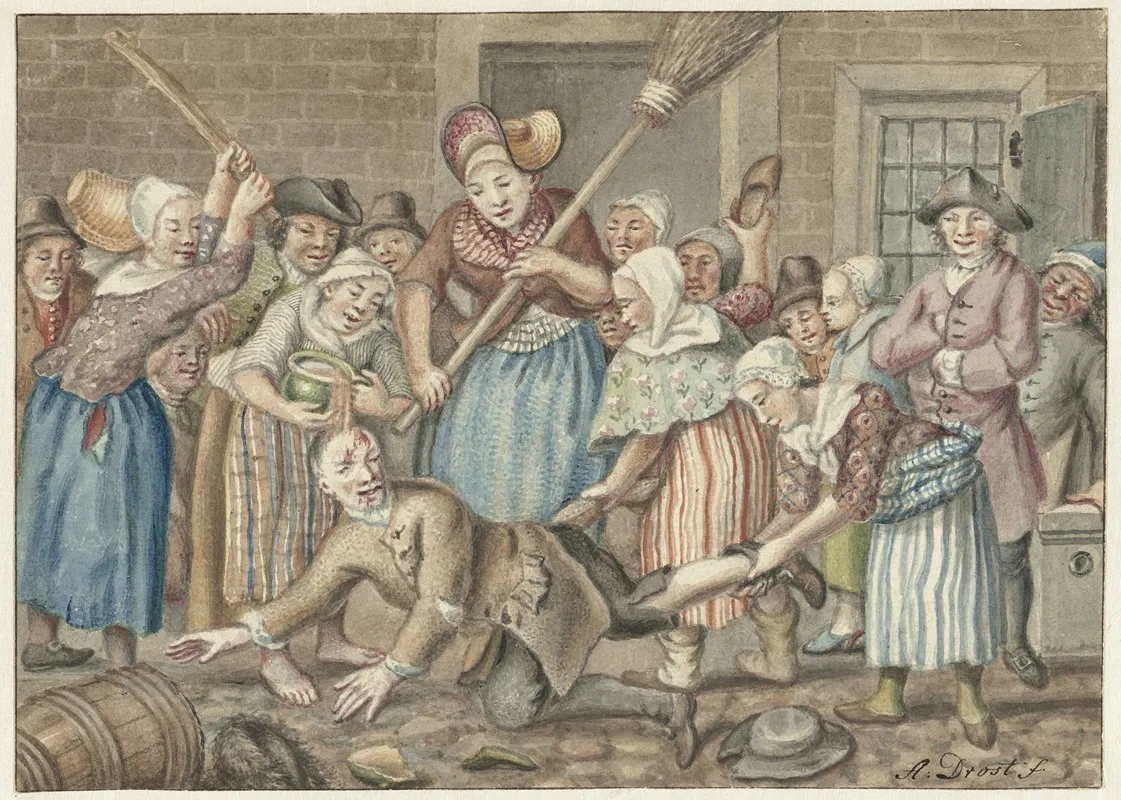 Een Man Die Zijn Vrouw Had Geslagen Wordt In De Vinkestraat Te Amsterdam Door Een Groep Vrouwen Bestraft 1768 Wall Art by Anthonie Drost - High-Resolution Digital Print