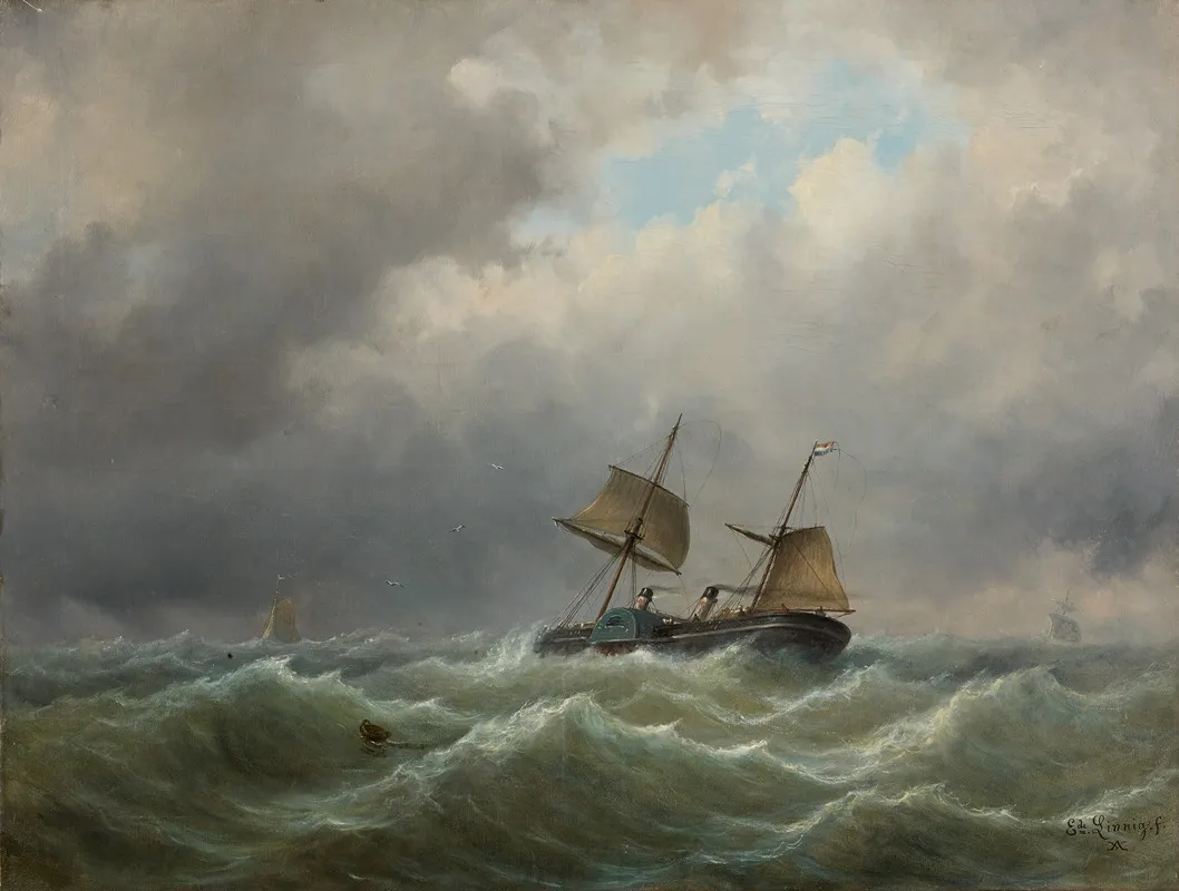 Een Raderstoomschip Met Hulpzeilvermogen Op Een Woelige Zee Wall Art by Egide Linnig - High-Resolution Digital Print