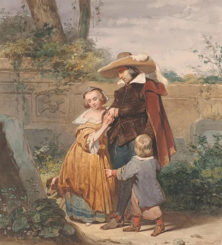 Een Vader Met Twee Kinderen Bij Het Graf Van De Moeder Wall Art by Willem Hendrik Schmidt - High-Resolution Digital Print