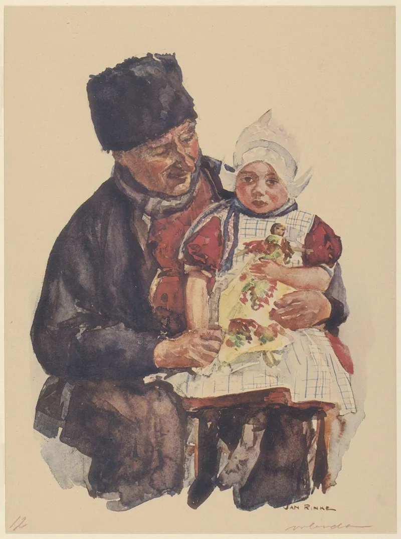 Een Volendammer Visser Met Een Meisje Met Een Pop Op Zijn Schoot Beiden In Volendammer Dracht Wall Art by Jan Frederik Rinke - High-Resolution Digital Print