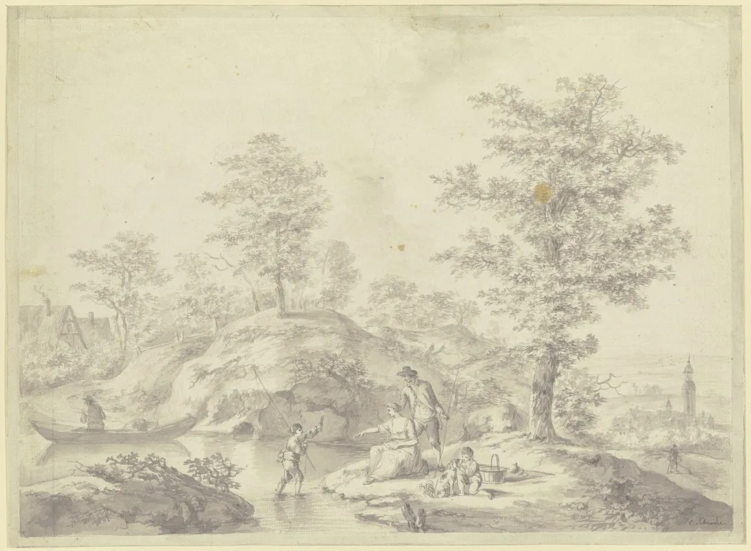 Eichbaume Bei Einem Dorf Im Vordergrund Eine Familie Beim Fischen Wall Art by Caspar Schneider - High-Resolution Digital Print