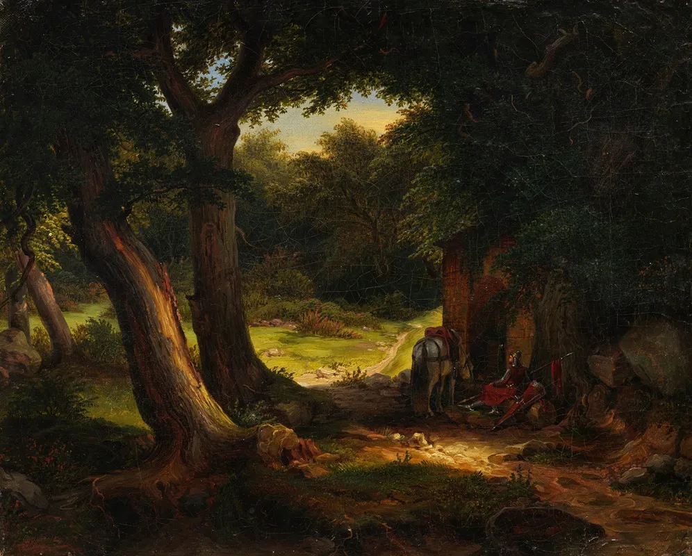 Eichenwald Mit Einem Am Brunnen Rastenden Kreuzritter Wall Art by Karl Friedrich Lessing - High-Resolution Digital Print