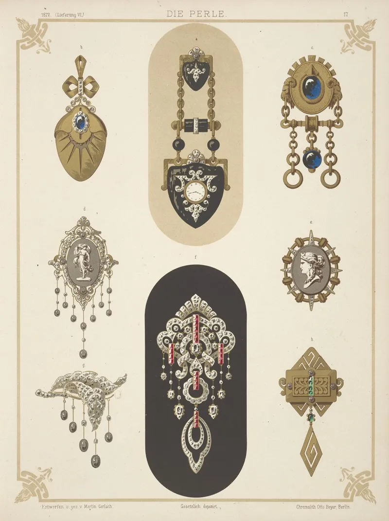 Eight Designs For Jewelry Including Black And Gold Brooch With Tiny Watch