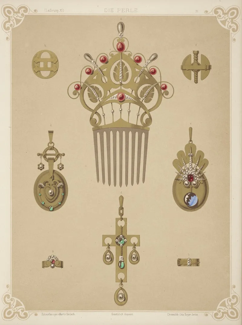 Eight Designs For Jewelry Including Gold Comb With Red And Gray Pearls