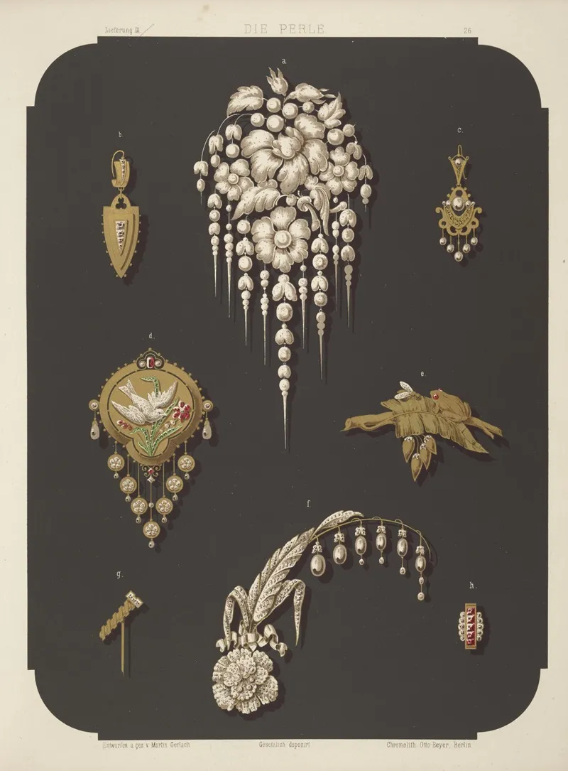 Eight Designs For Jewelry Including Large Pin With Pearls And Flowers