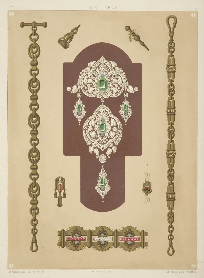 Eight Designs For Jewelry Including Pins With Diamonds And Green Stones