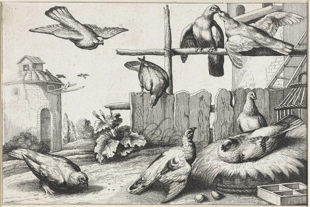 Eight Pigeons In A Farmyard Near A Coup A Dovecote In The Background