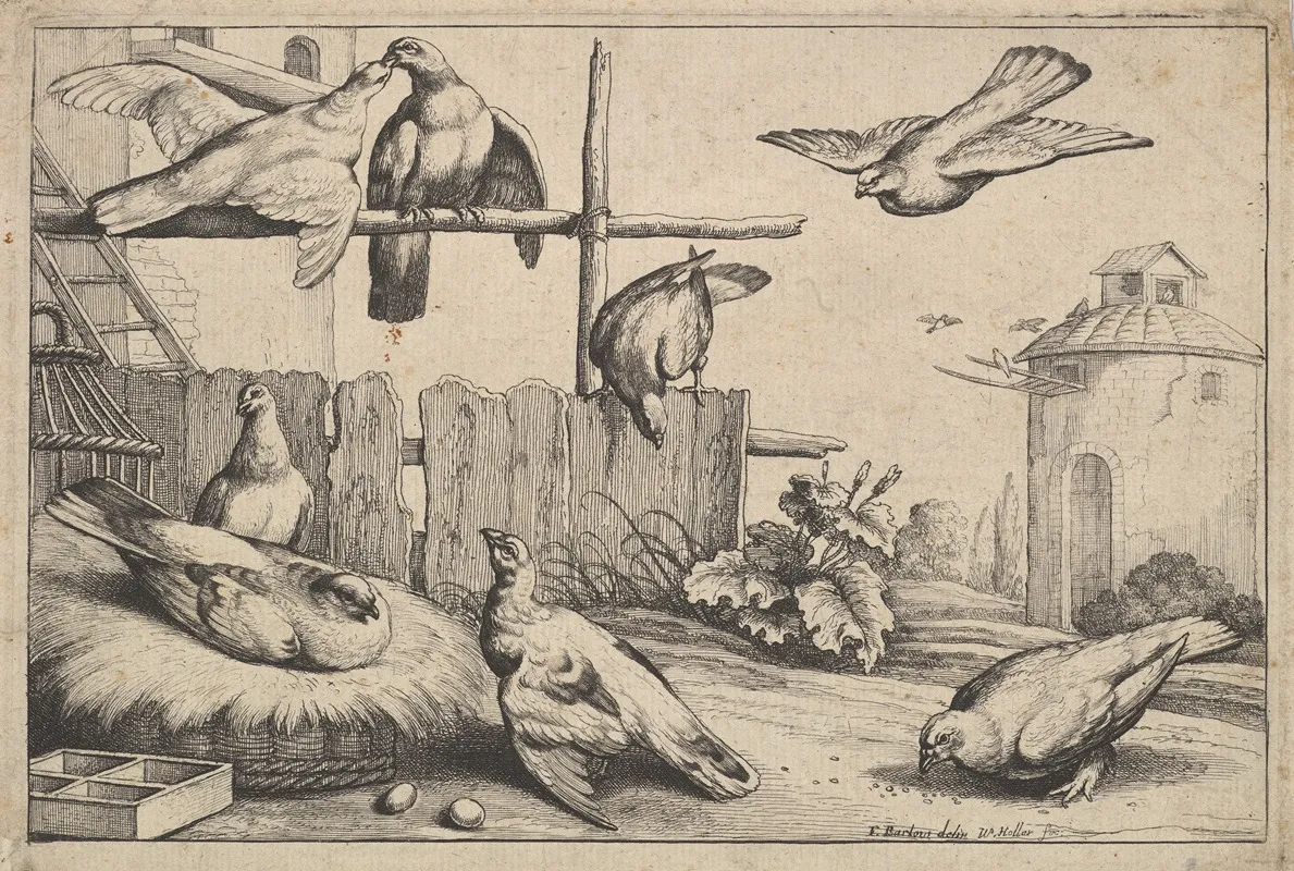 Eight Pigeons Or Doves In A Farmyard Near A Coup A Dovecote In The Background