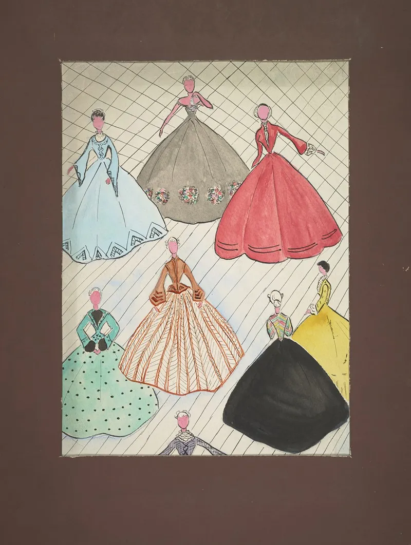 Eight Unidentified Characters In Large Ball Gowns