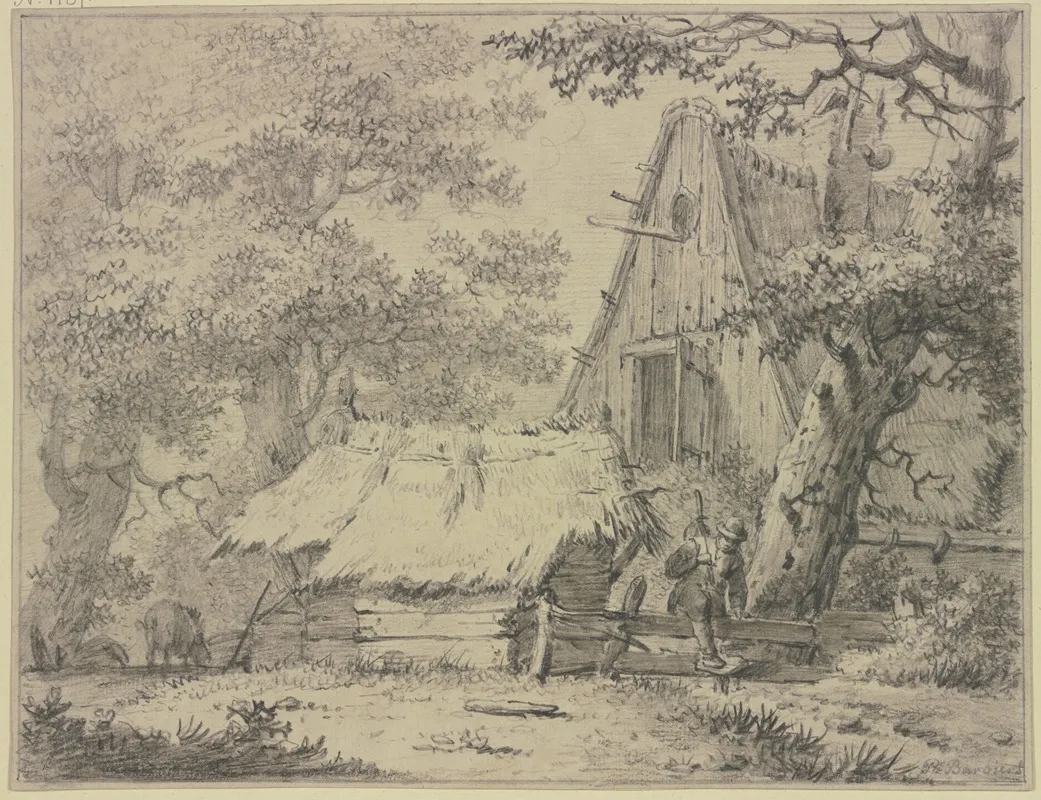Ein Bauernhaus Im Walde Ein Mann Steigt Uber Den Zaun Wall Art by Pieter Pietersz. Barbiers - High-Resolution Digital Print