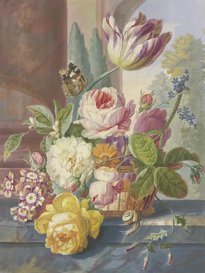 Ein Blumenstraus In Einem Korb Auf Einer Tulpe Ein Schmetterling Vorne Eine Schnecke Wall Art by Johannes Christiaan Roedig - High-Resolution Digital Print