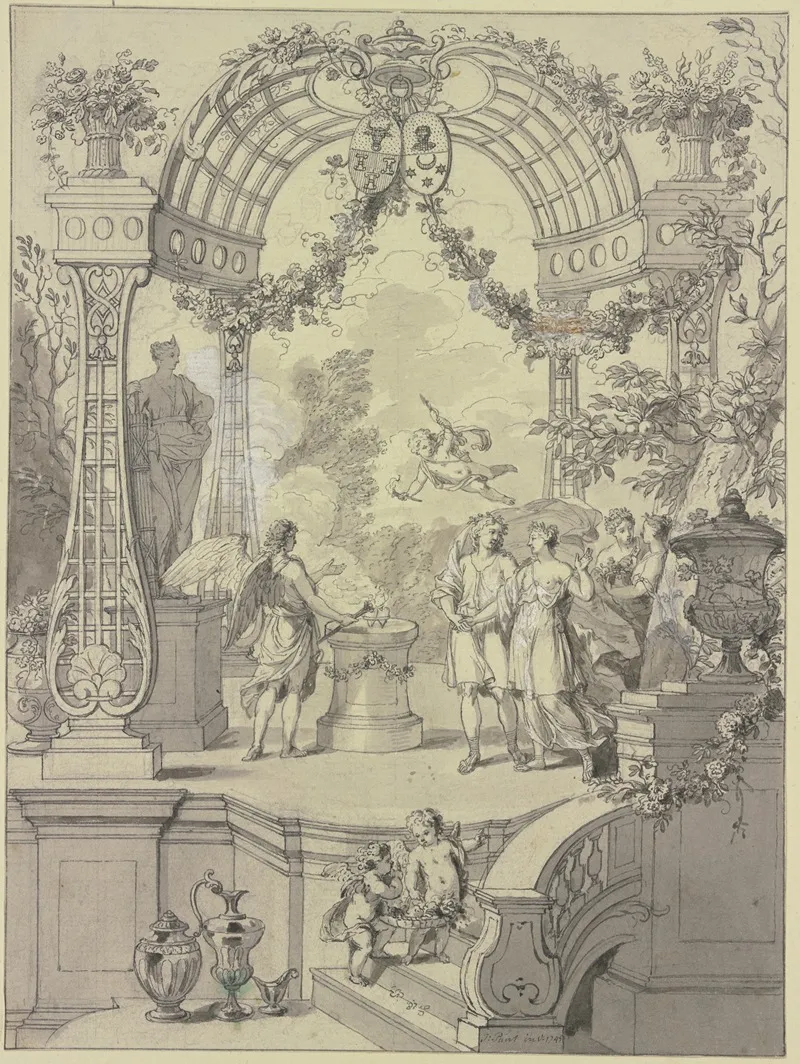 Ein Brautpaar Mit Hymen An Einem Altar Stehend Amor Schwebt Uber Ihnen Mit Reicher Architektur