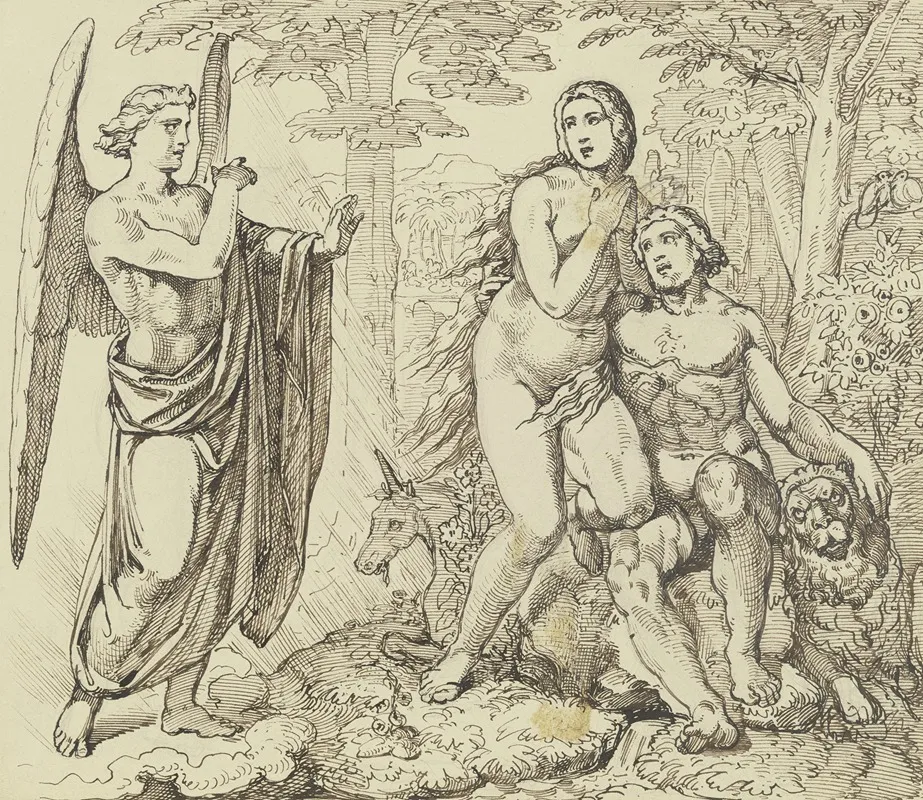 Ein Engel Uberbringt Adam Und Eva Gottes Verbot Vom Baum Der Erkenntnis Des Guten Und Bosen Zu Essen