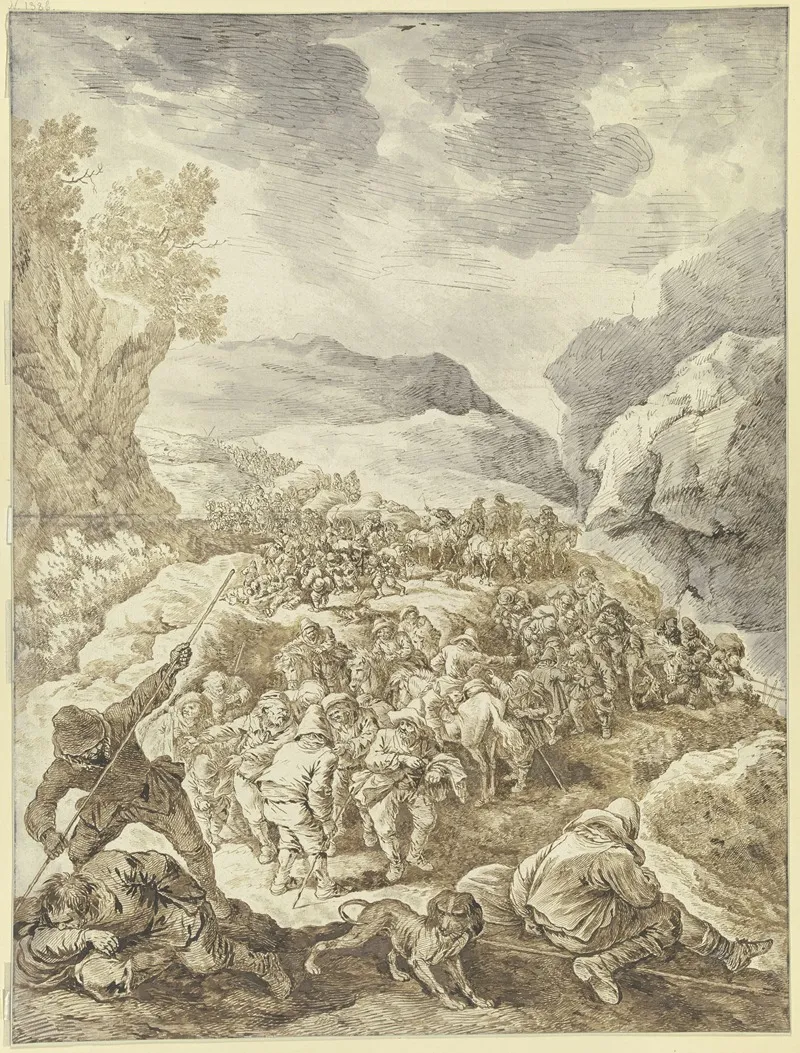 Ein Groser Zug Von Mannern Zu Fus Und Zu Pferde Durch Eine Felsschlucht Wall Art by Johann Albrecht Dietzsch - High-Resolution Digital Print