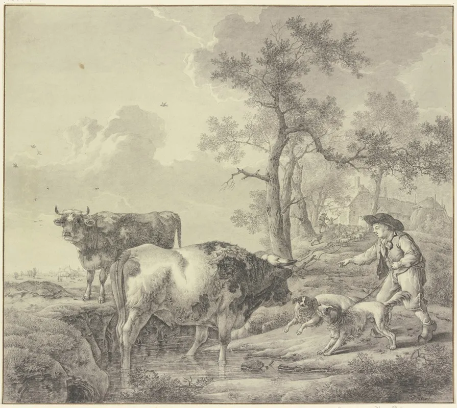 Ein Im Wasser Stehender Ochse Wird Von Zwei Hunden Die Ein Junge An Der Leine Hat Angebellt Wall Art by Bernhard Hendrik Thier - High-Resolution Digital Print