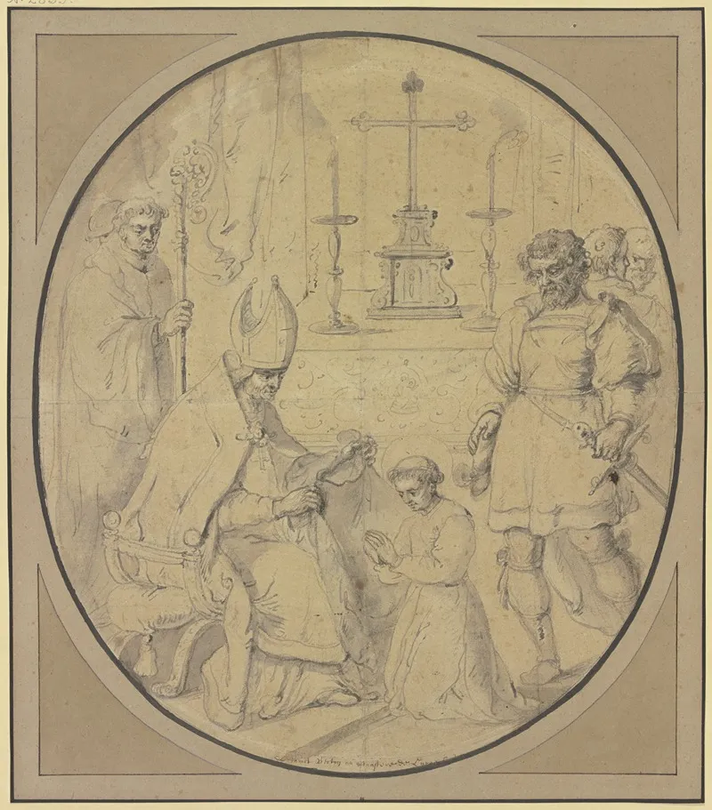 Ein Junger Geistlicher Mit Heiligenschein Wird Von Einem Bischof Mit Einem Gewand Bekleidet Rechts Ein Krieger Mit Einem Schwert Wall Art by Theodoor Rombouts - High-Resolution Digital Print