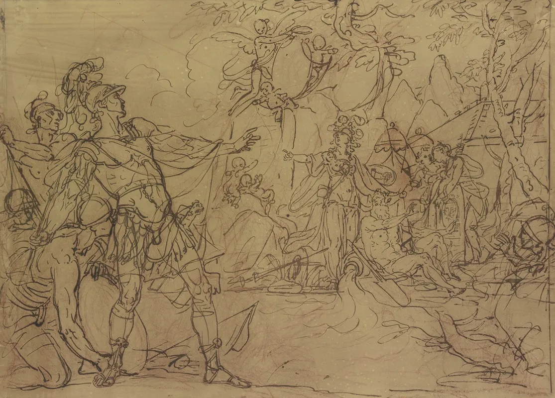 Ein Junger Krieger Ist Im Begriff Ein Lager Anzugreifen Minerva Verwehrt Es Ihm Sie Ist Umgeben Von Wappen Tragenden Nymphen Und Amoretten Wall Art by Gerard de Lairesse - High-Resolution Digital Print