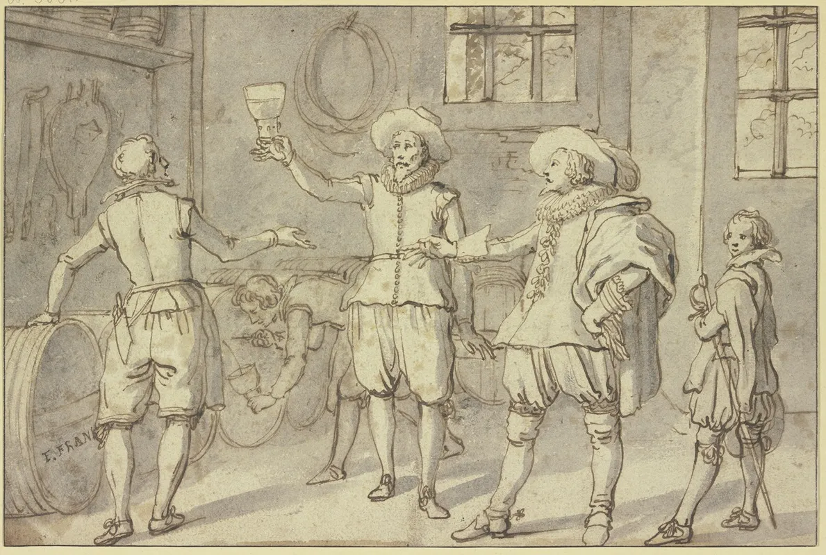 Ein Kavalier Gefolgt Von Seinem Pagen Der Seinen Degen Tragt Lasst In Einem Keller Wein Probieren Wall Art by Frans Francken The Elder - High-Resolution Digital Print