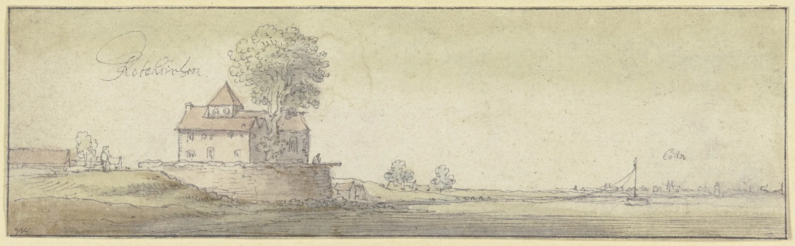 Ein Kirchlein Unter Einem Baum Bei Rodenkirchen Am Rhein In Der Ferne Die Stadtsilhouette Von Koln
