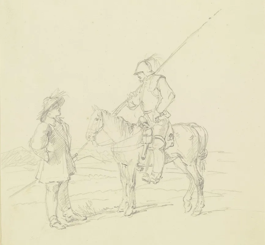 Ein Lanzenreiter Aus Dem Dreisigjahrigen Kriege Spricht Mit Einem Offizier Zu Fuse Wall Art by Carl Wilhelm von Heideck - High-Resolution Digital Print