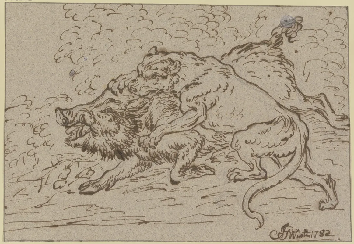 Ein Lowe Fallt Einen Eber An Wall Art by Joseph Georg Winter - High-Resolution Digital Print
