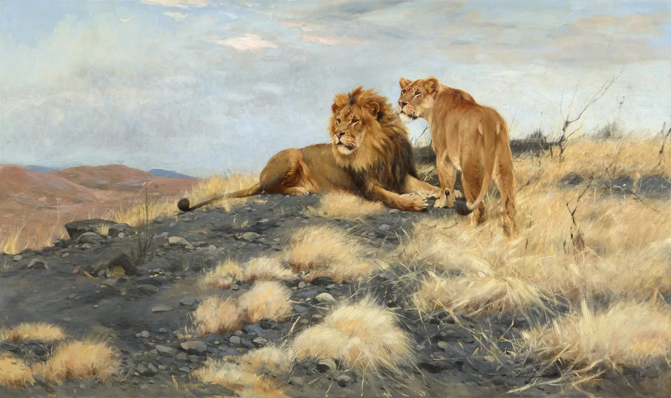 Ein Lowe Und Eine Lowin Von Einer Anhohe Die Umgebung Beobachtend Wall Art by Wilhelm Kuhnert - High-Resolution Digital Print