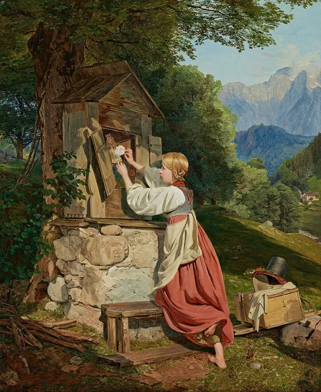 Ein Madchen Schmuckt Die Mutter Gottes Mit Einer Rose Wall Art by Ferdinand Georg Waldmüller - High-Resolution Digital Print