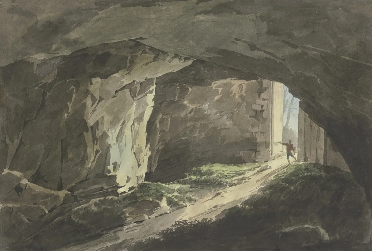Ein Maler Lauft Mit Seinem Zeichenbrett In Eine Mit Einem Gewaltigen Tor Verschliesbare Felshohle Wall Art by Jean Grandjean - High-Resolution Digital Print