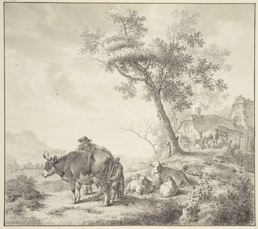 Ein Mann Melkt Eine Kuh Dabei Einige Schafe Rechts Zwei Pferde Bei Hausern Wall Art by Bernhard Hendrik Thier - High-Resolution Digital Print